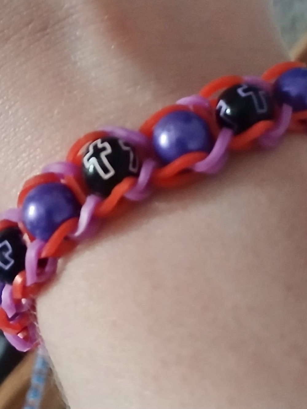 Purple Bead Bracelet with Black Cross Accents and Red/Purple Bands